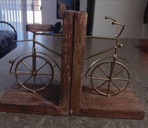 Pair of wood & metal bicycle book ends, primitive folk art style