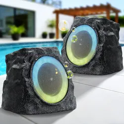 MIKK 2 Pack Solar Rock Speakers Outdoor Waterproof Patio with Lights Color,Multi-Sync Up to 100 Speakers Pairing Solar Powered Rock Speaker Rechargeab