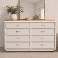 White 8 Drawer Dresser Wood Top Gold Handles 