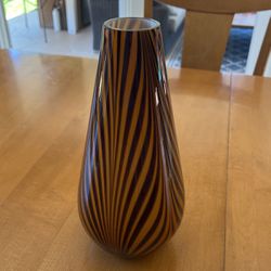Hand Blown Glass Tiger Stripe Vase, 11 5/8"  "Sahara" Poland, Brown & Amber