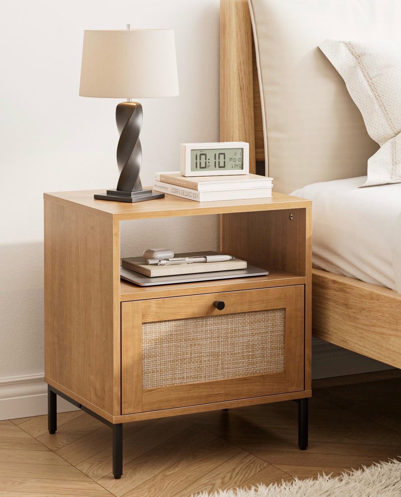 Extra Large Nightstand Rattan Night Stand,Modern Side Table Boho Farmhouse Wood Bedside Table with Storage Drawer and Open Shelf,Large End Side Table