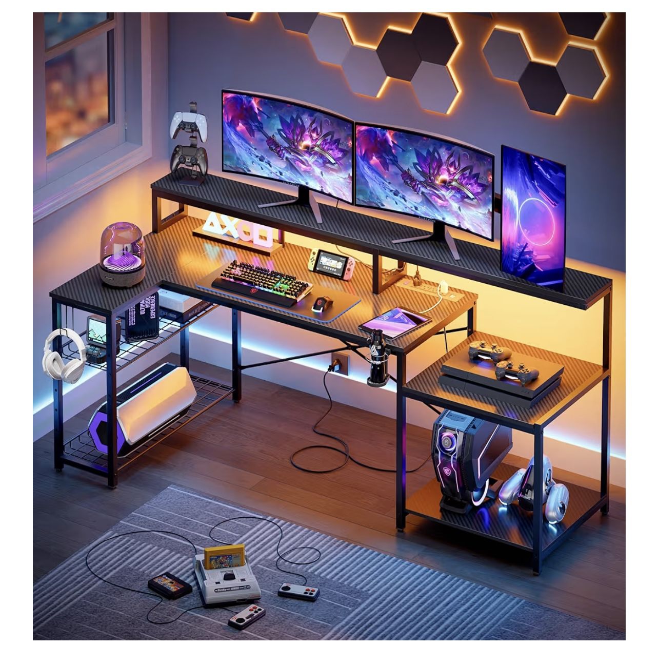 Bestier LED Gaming Desk with Power Outlets, 71 inch L Shaped Computer Desk with Monitor Stand, Large Desk with Printer Stand Adjustable Shelf, Cup Hol