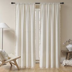 Beige Boho Curtains 84Inches Long 2 Panels, Super Soft Bohemian Farmhouse Curtains with Tassels, Semi Sheer Light Filtering Drapes for Bedroom Living 