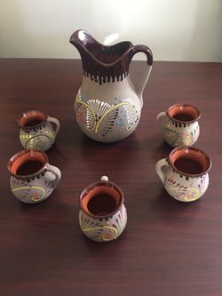 Set of 6 Handmade Pottery: 1 Vase Pot Plus 5 Cups, Fun Design and Colors