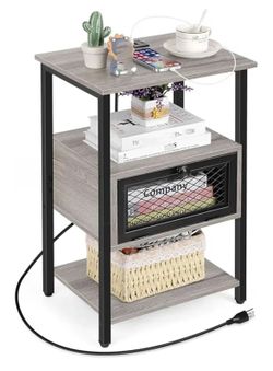 Nightstand with Charging Station 🔌🛏️ – Storage Cabinet Side Table, Gray 