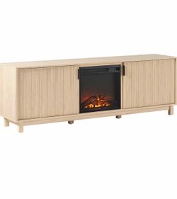Walker Edison Arundo Reeded TV Stand with Fireplace & Storage, 70" Fireplace, Coastal Oak