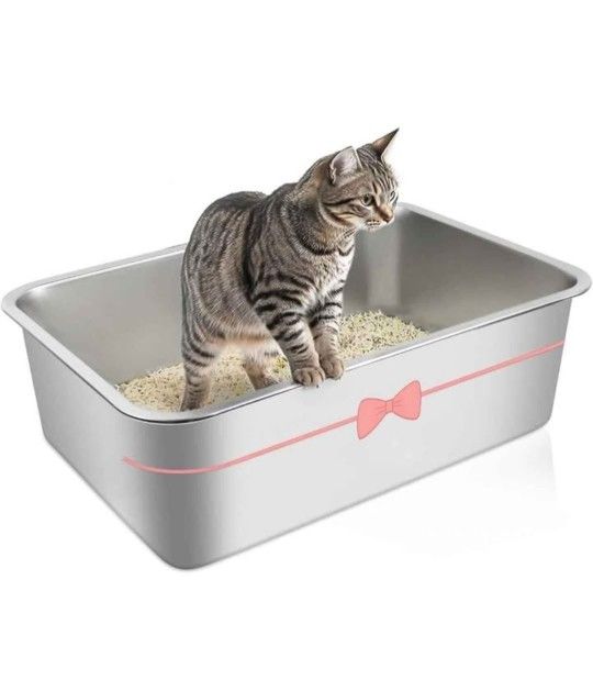 Stainless Steel Cat Litter Box, High Side Cats Toilet Metal Litter Box, Pet Cleaning Tool for Cats, Rabbits, Splash-Proof and Non-Stick Cat Poop Box o