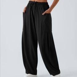 Mid Rise Elastic Waistband Drawstring Pocket Palazzo Flowy Wide Leg Casual Pants