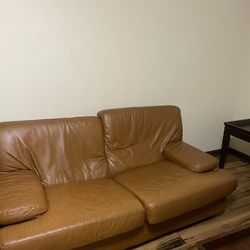 Two Brown Leather Couches +coffee Table(s)