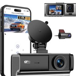 New- 3 Channel 2.5K Dash Cam with 5GHz WiFi & APP Control, 2.5K+1080P+1080P Front Inside and Rear, Triple Dash Camera with 64GB Card, 24 Hours Parking