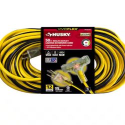 Husky Vividflex 50 ft. 12/3 Heavy Duty Indoor/Outdoor Triple Tap Extension Cord with Lighted Ends, Yellow