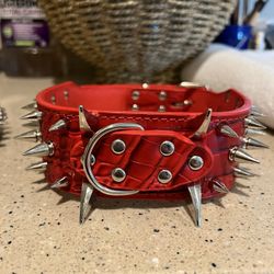 Dog Collar, Red, Leather Spike Collar