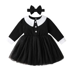 nhoon Baby Girls Wednesday Halloween Dress Toddler Dress Girls Long Sleeve Autumn Winter Dress+Headband Baby Girls Lapel Dress (Black,1-2 Years) . 
