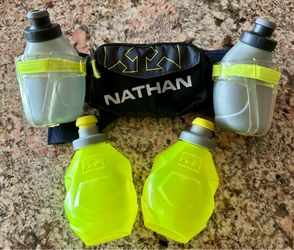 Nathan Black/ Yellow Water-Bottle Waist Bag Hike Running Cycling Gym Fanny Pack Trail Mix Plus and 2 extra Bottles