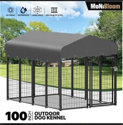 Heavy Duty Outdoor Dog Run Enclosure Kennel, All Weather Metal Dog Kennel with Roof and Rotating Feeding Doors, 4.6ft High Expandable Outdoor Dog Play
