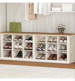 Farmhouse Shoe Storage Bench, Entryway Shoe Cubby Bench, Widened Wooden Shoes Cubbies