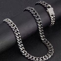 2-Pcs Men's Women's Iced Out 2-Tone 14K White Gold-Plated Cubic Zirconia 18"Cuban Necklace & Bracelet Set 