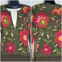 Talbots Petite Petite Zip Cardigan Sweater  Dark Green with Flowers (PXS /PP) EUC
