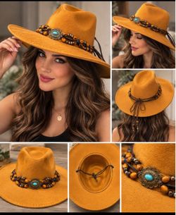 Mustard Wide Brim Fedora Hat with Boho Band