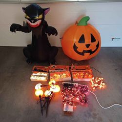 Halloween lot. 2 Blow ups, vintage blow mold lights
