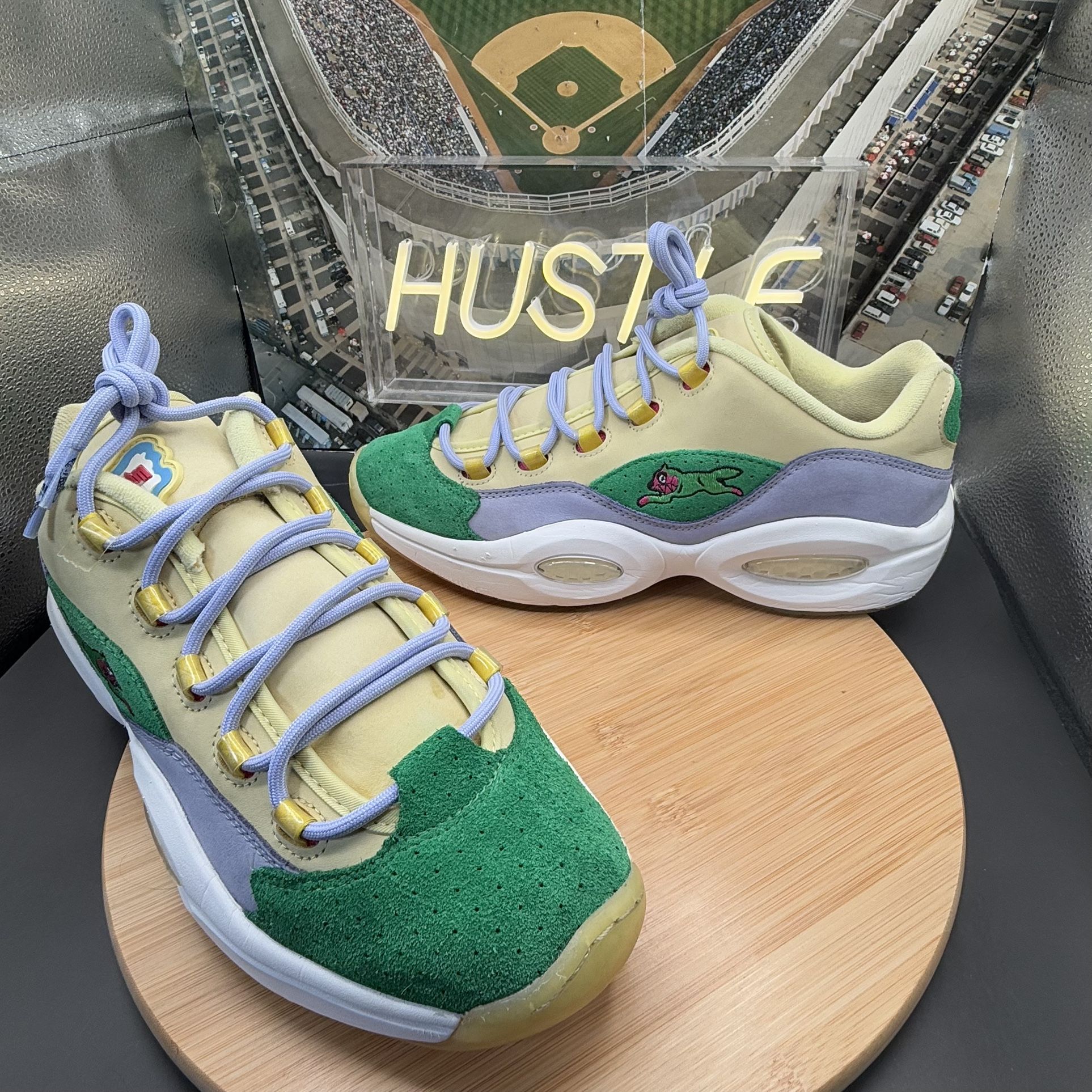 Reebok Question Low BBC Ice Cream Running Dog Yellow Green Men’s Sz 11.5