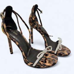 ALDO Leopard Print Stiletto Heels Sz 7 Rhinestone Bow Ankle Strap