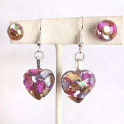 Heart shaped dangle earrings with purple pink and gold heart shaped glitter new