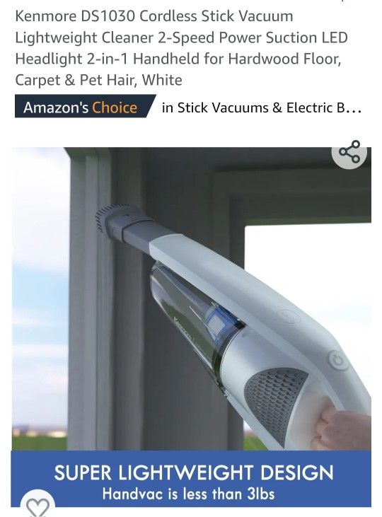 Kenmore DS1030, Cordless Stick Vacuum Lightweight Cleaner 2-Speed Power Suction LED Headlight 2-in-1 Handheld For Hardwood Floor, Carpet & Pet Hair, White, 3lbs
