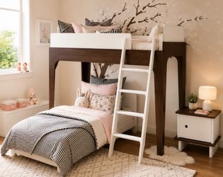 Oeuf Modern Walnut & White Loft Bunk Bed Set + Side Table