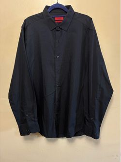 Black button-up shirt with subtle checkered pattern, size L