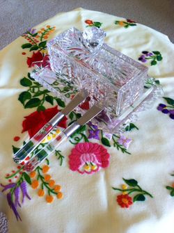 Vintage Crystal butter dish with knifes