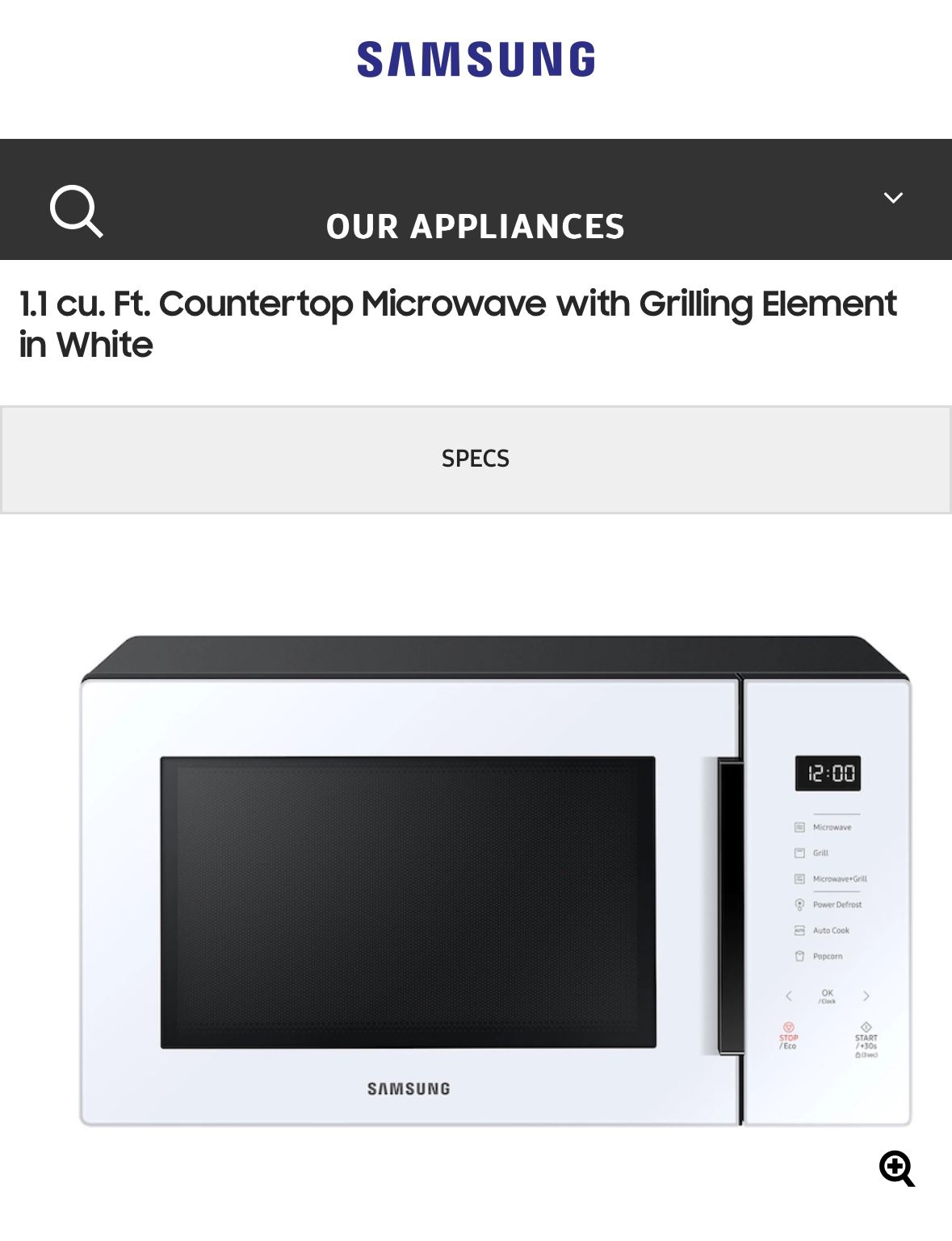Samsung 1.1 cu. Ft. Countertop Microwave with Grilling Element in White