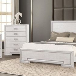 Brand New Rustic White 4pc Queen Bedroom Set (Available In Eastern King)