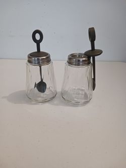 Decorative Glass Storage Jar with Attached Spoon in Lid- lot of 2