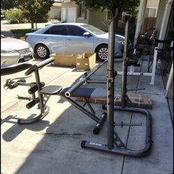 Fully Adjustable Bench Squat Rack Combo With 300lb Olympic Weight Set With Barbell And Clips 