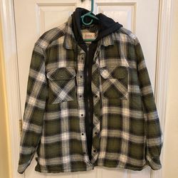 Boston Traders Mens Fleece Lined Olive Green Plaid Hooded Shirt Jacket