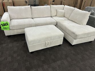 Cream Sectional W/ Storage Ottoman