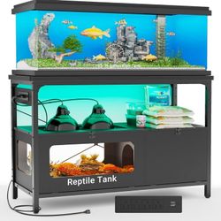  55 Gallon Fish Tank Stand with LED Light, 75 Gallon Aquarium Stand with Outlet and Storage Reptile Tank with Lockable Door and Ventilation Mesh, Blac