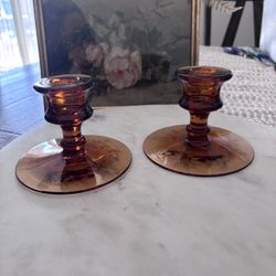 Vintage Amber Glass Candlestick Holders•Set of 2•Mid Century