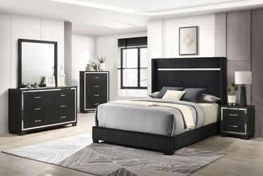 Brand new black corduroy queen bedframe + dresser + mirror + nightstand 4PCs set