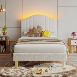 Twin Upholstered Bed Frame with Adjustable Arc-shaped Headboard, LED Platform Bed, Teddy Velvet White