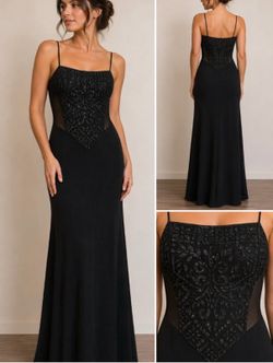 Bari Jay Vintage Black Beaded Evening Gown Dress Size 7/8 Spaghetti Strap Formal