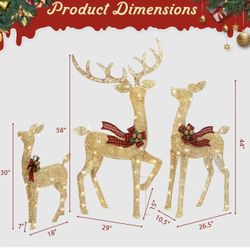 ✌️ 3-Piece Large Lighted Christmas Deer Family Set - 4.8Ft 3D Outdoor Yard Decoration With 201 LED Warm Lights, Red Bow for Patio Lawn Garden Party 