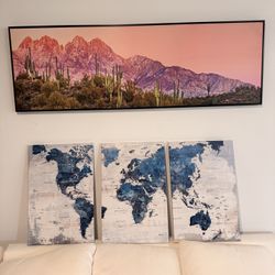 Modern World Map & Desert Canvas Wall Art 