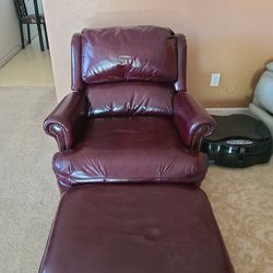 Bradington Young leather recliner red studded with matching Ottoman
