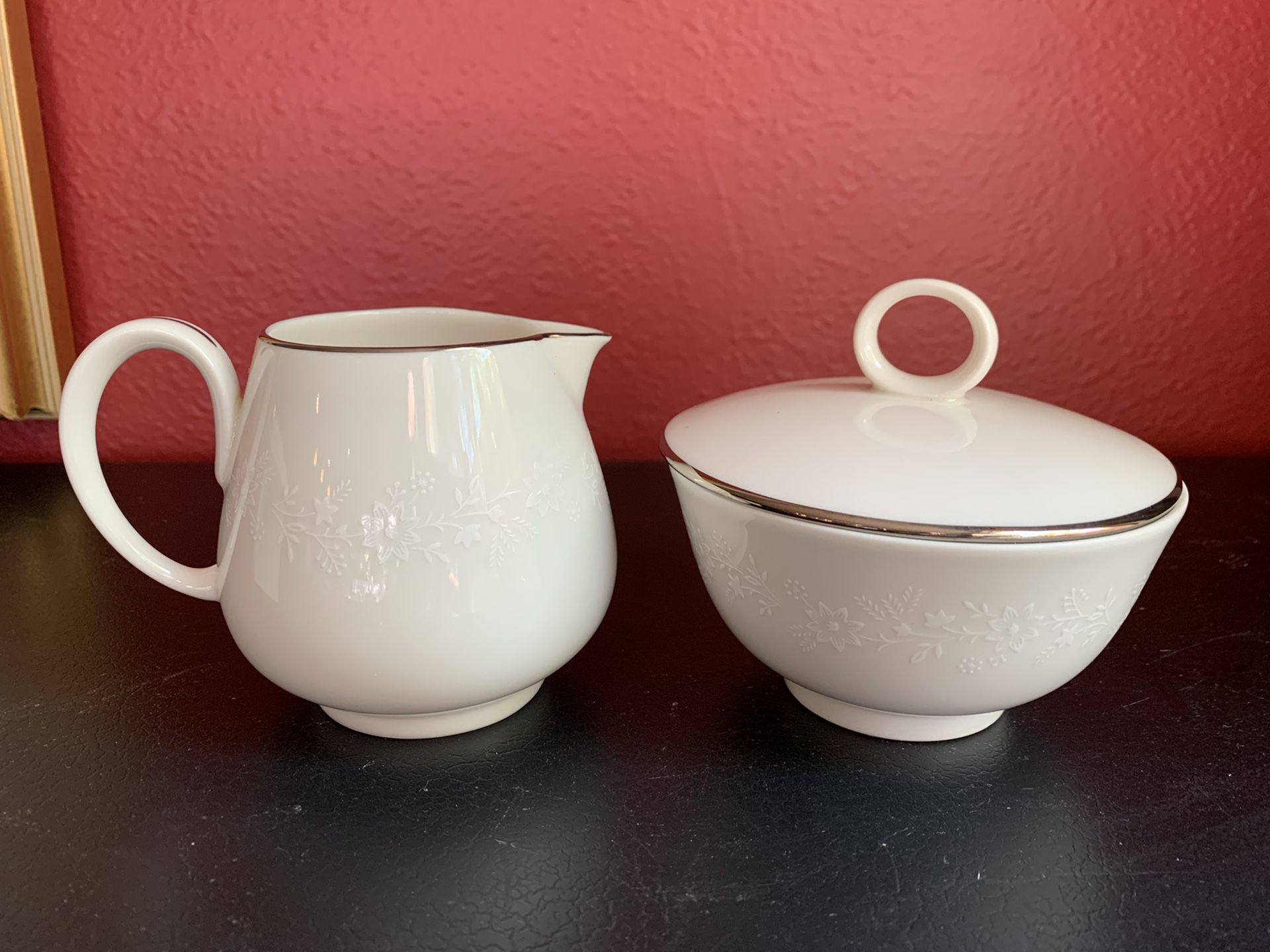 Noritake Mont Blanc sugar and creamer set pewter trim