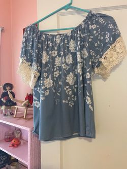 Blue Floral Off-Shoulder Top with Lace Sleeves