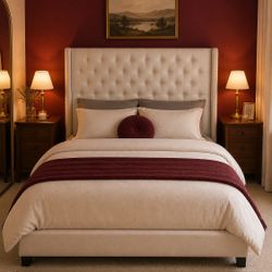 ✨ Brand New White Queen Upholstered Bed Frame – Modern & Elegant