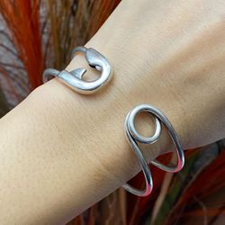 S925 silver big safety pin cuff bangle bracelet,Silver hearts bracelet,Silver irregular cuff bracelet