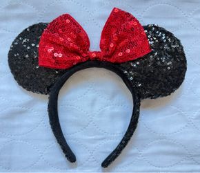 Disney Minnie Mouse Black Sequin Ears Headband with Sequin Red Bow